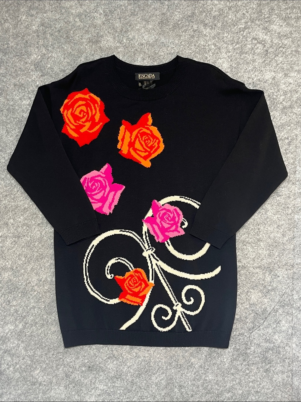 Vintage Escada Black Wool Sweater with Red Orange and Pink Rose Motif